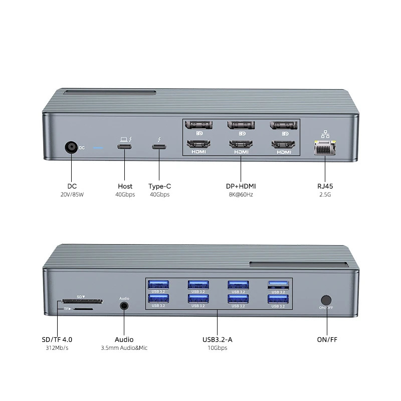USB C Docking Station Thunderbolt 3 4 ประเภท C 8 สายพาน USB 2.5 Gigabit Ethernet แมคบ๊อก