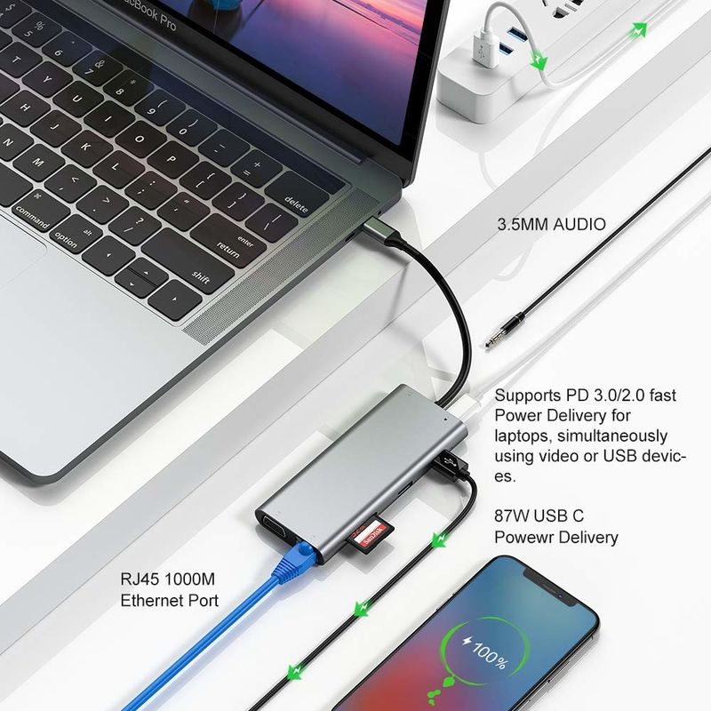 11 ใน 1 Type-C Hub Multiport Dock Station ด้วย USB3.0 PD SD/TF 4K HDMI VGA RJ45