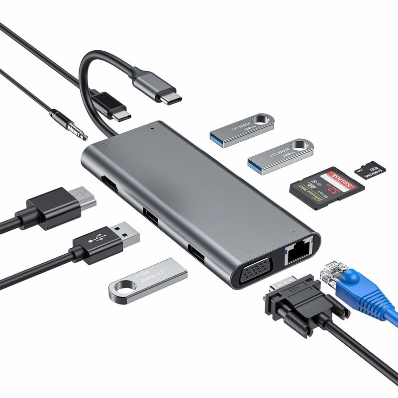 11 ใน 1 Type-C Hub Multiport Dock Station ด้วย USB3.0 PD SD/TF 4K HDMI VGA RJ45