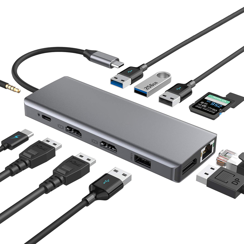 Silver Portable USB C hub multiport adapter พร้อม HDMI 3.5mm Audio Jack สําหรับ MacBook Pro