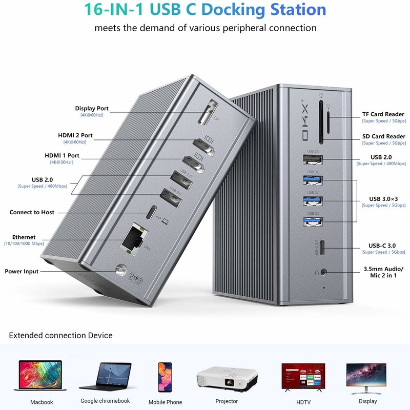16 ใน 1 สถานี dock สําหรับคอมพิวเตอร์คอมพิวเตอร์ usb c adapter สีเทา 10Gbps อัตราการโอนข้อมูล