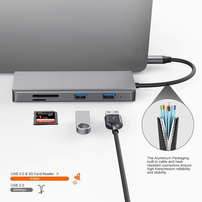 11 ใน 1 อลูมิเนียมเงิน USB C Hub กับ 3.5 มม ออดิโอแจ็ค SD Card Reader สําหรับคอมพิวเตอร์แล็ปท็อป