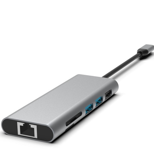 สีเงิน 10-in-1 USB-C Hub พร้อม HDMI USB 3.0 Ethernet 3.5mm Audio Jack สําหรับ PC และแลปท็อป