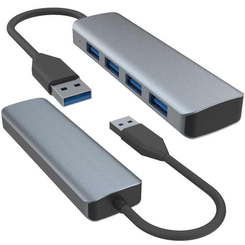 4 Port USB A Hub พร้อมไฟฟ้า สีดํา สีเทา อลูมิเนียม Hub Adapter สําหรับคอมพิวเตอร์