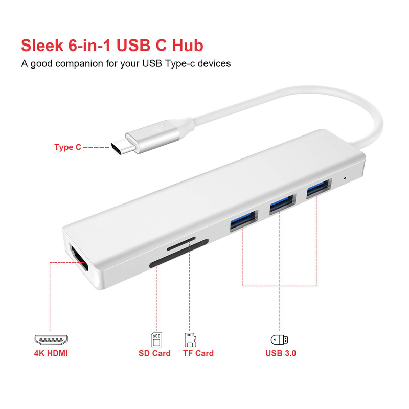 6 Port Usb-C Hub Splitter Usb-C Expander Portable Usb Adapter Multiport Data Hub เครื่องปรับเปลี่ยนข้อมูลหลายพอร์ต