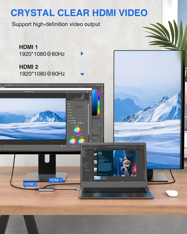 4 ใน 1 USB C Adapter Dual HDMI ไปยัง USB3.0 ทันดอร์พอร์ต