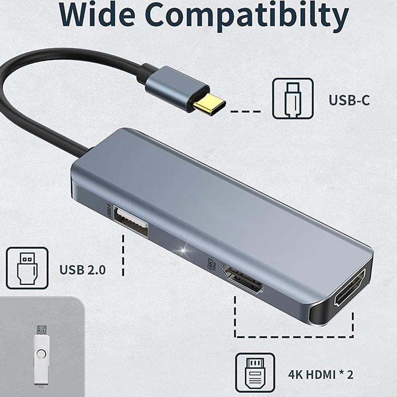 Dual Hdmi Usb C Dock Hub อลูมิเนียม USB C Adapter มอนิเตอร์ 3 ใน 1 ดอนเกิล พร้อม HDMI 4K