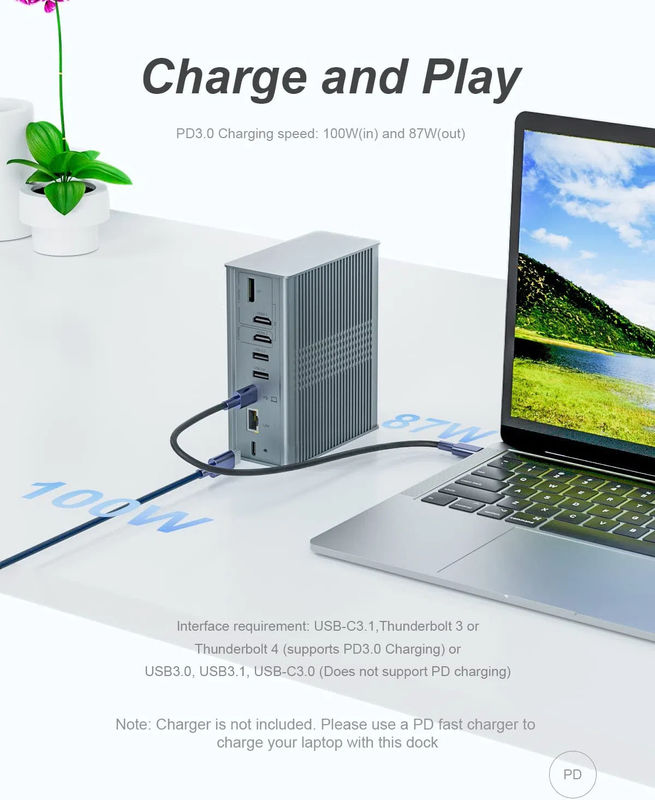 โน๊ตพ็อต USB C Docking Station Triple Monitor 16-In-1 USB C Dock พร้อม Displaylink