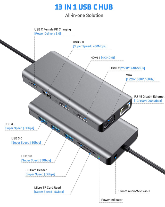 Usb C 11 ใน 1 Multiport Dock Type C Triple Usb 3.0 TF Card Laptop แบบ C Usb-C