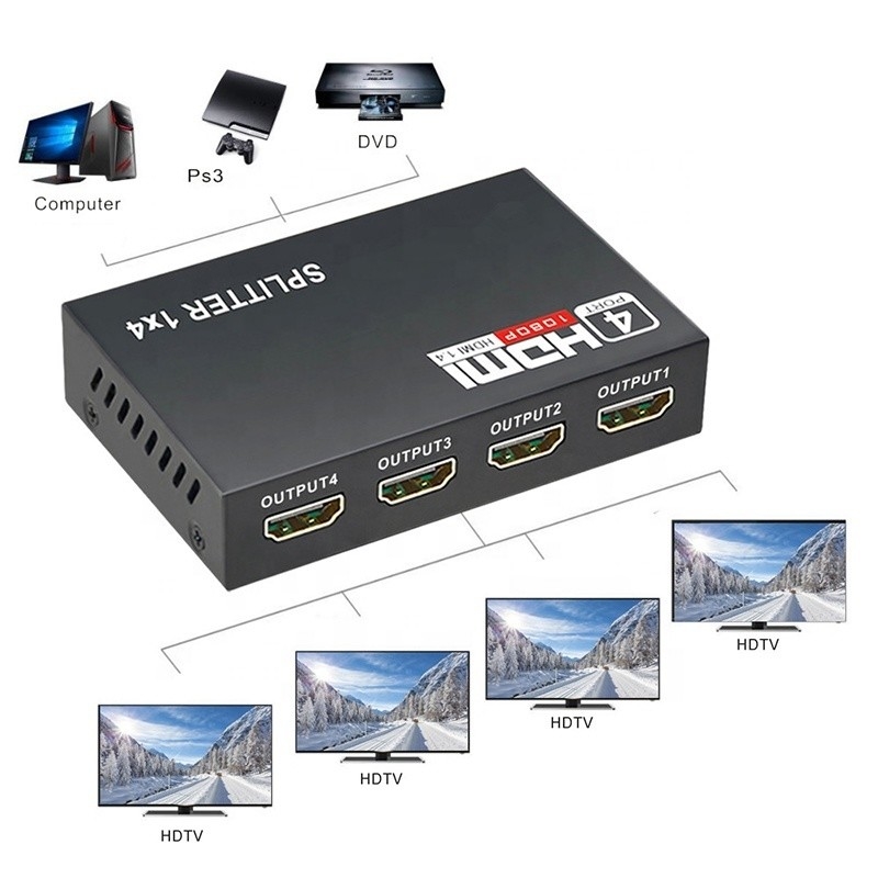 เครื่องแยก HDMIมืออาชีพ 1x4 Full HD 3D 1080P 4 Port Converter สําหรับทีวีหญิง-หญิง