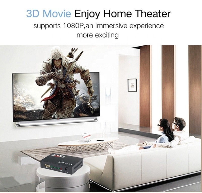 เครื่องแยก HDMIมืออาชีพ 1x4 Full HD 3D 1080P 4 Port Converter สําหรับทีวีหญิง-หญิง