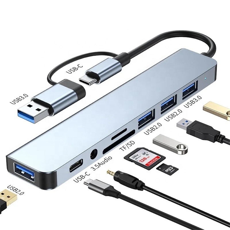 8-In-1 USB 3.0 Hub 3*USB 2.0 3.5mm Audio SD/TF Card Reader Output สําหรับการถ่ายทอดข้อมูลและการชาร์จ