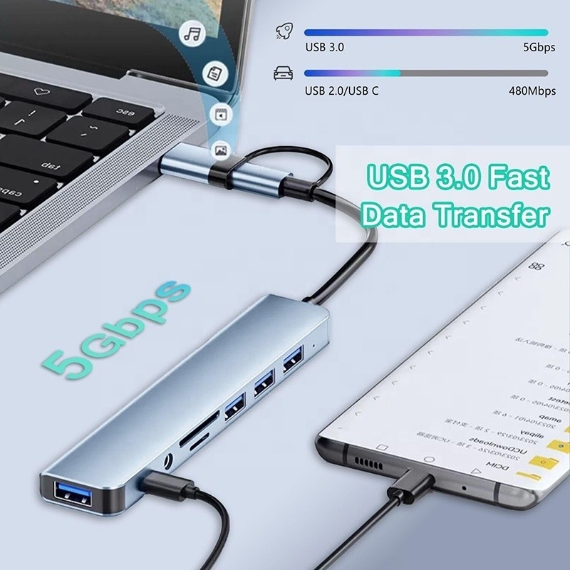 8-In-1 USB 3.0 Hub 3*USB 2.0 3.5mm Audio SD/TF Card Reader Output สําหรับการถ่ายทอดข้อมูลและการชาร์จ