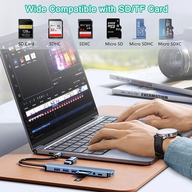 8-In-1 USB 3.0 Hub 3*USB 2.0 3.5mm Audio SD/TF Card Reader Output สําหรับการถ่ายทอดข้อมูลและการชาร์จ