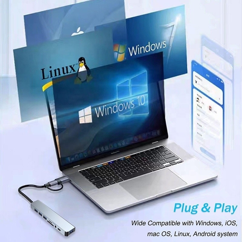 8-In-1 USB 3.0 Hub 3*USB 2.0 3.5mm Audio SD/TF Card Reader Output สําหรับการถ่ายทอดข้อมูลและการชาร์จ