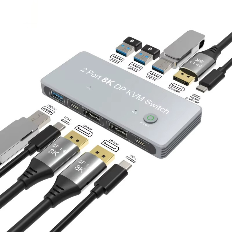 2-Port Displayport และ USB KVM Switch 4K 144Hz 8K 60Hz 1.4 พร้อม 1.4 DP อินเตอร์เฟซ USB