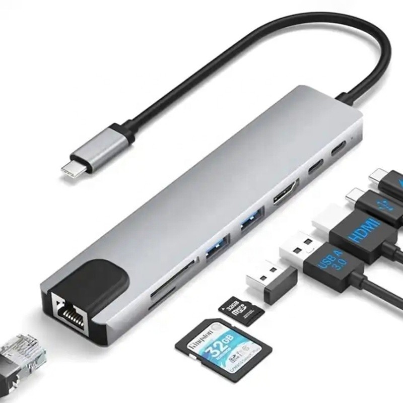 อัดแปลง multiport 8 ใน 1 USB Type C Hub สําหรับการทํางานหลายงานและการโอนข้อมูล