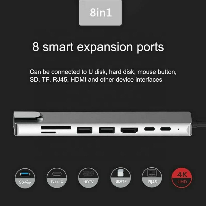 อัดแปลง multiport 8 ใน 1 USB Type C Hub สําหรับการทํางานหลายงานและการโอนข้อมูล
