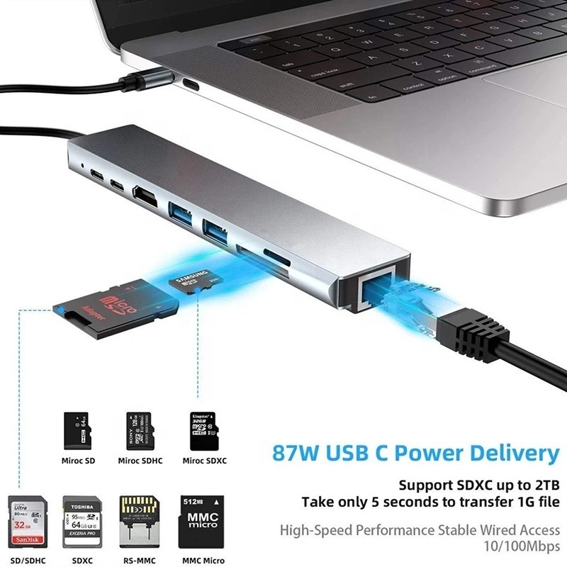 อัดแปลง multiport 8 ใน 1 USB Type C Hub สําหรับการทํางานหลายงานและการโอนข้อมูล