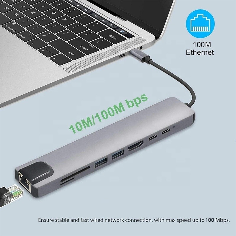 อัดแปลง multiport 8 ใน 1 USB Type C Hub สําหรับการทํางานหลายงานและการโอนข้อมูล