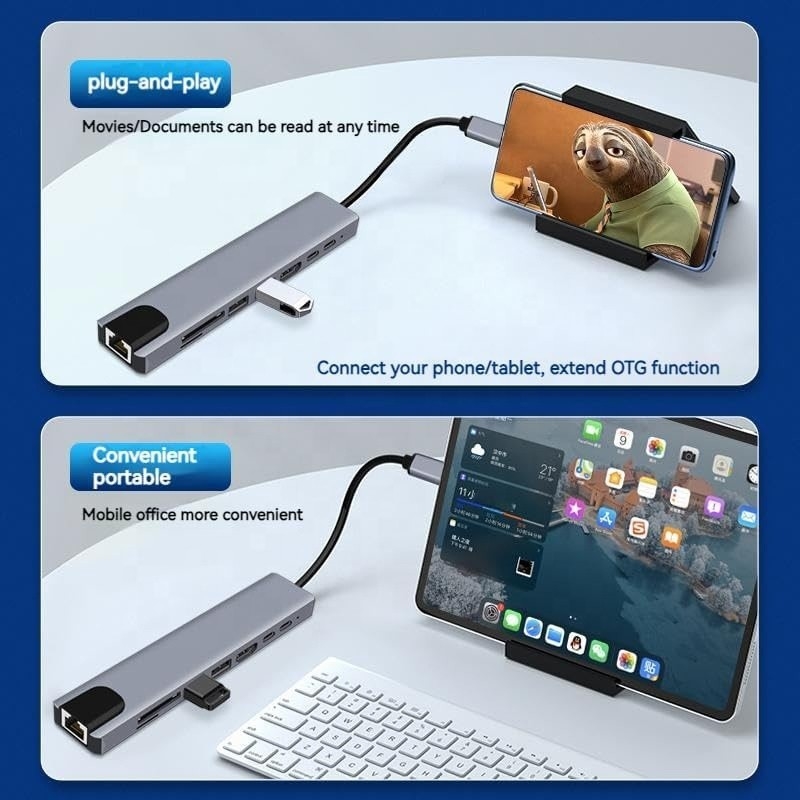 อัดแปลง multiport 8 ใน 1 USB Type C Hub สําหรับการทํางานหลายงานและการโอนข้อมูล