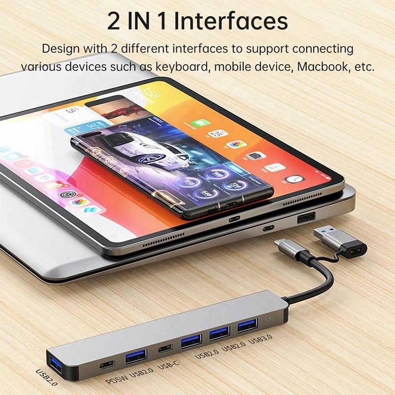อลูมิเนียมสลัด 7 ใน 1 USB Splitter สําหรับคอมพิวเตอร์เล็ปโตปคอมพิวเตอร์ Desktop PC
