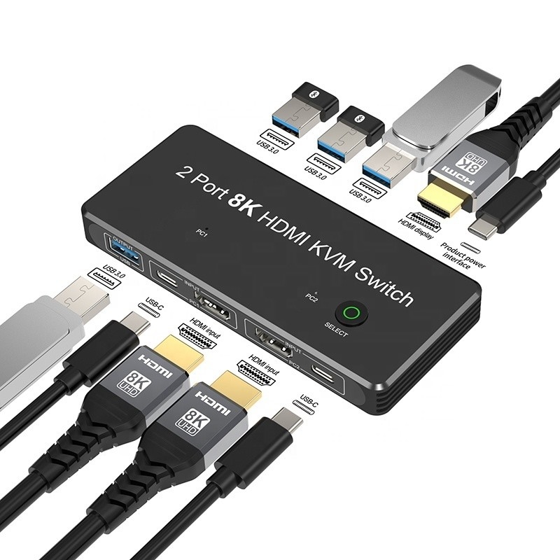 2 Port HDMI 2.1 KVM Switch พร้อม USB 3.0 2 Input 1 Output LED Indicators เพศหญิง-เพศหญิง