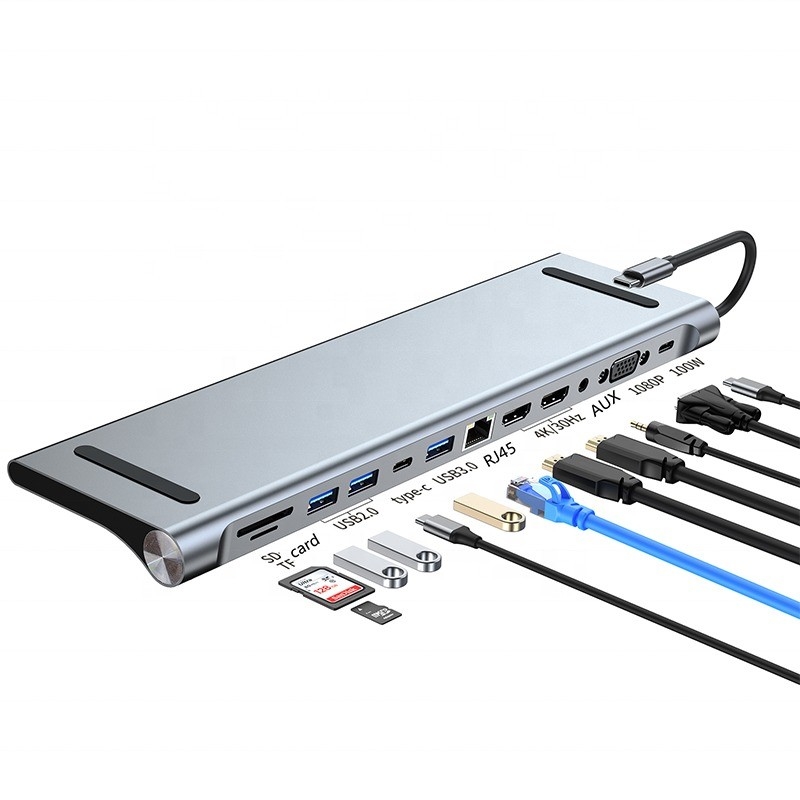 12 ใน 1 USB-C Type-C Docking Station สําหรับการชาร์จโอนข้อมูลและฟังก์ชันเสียง