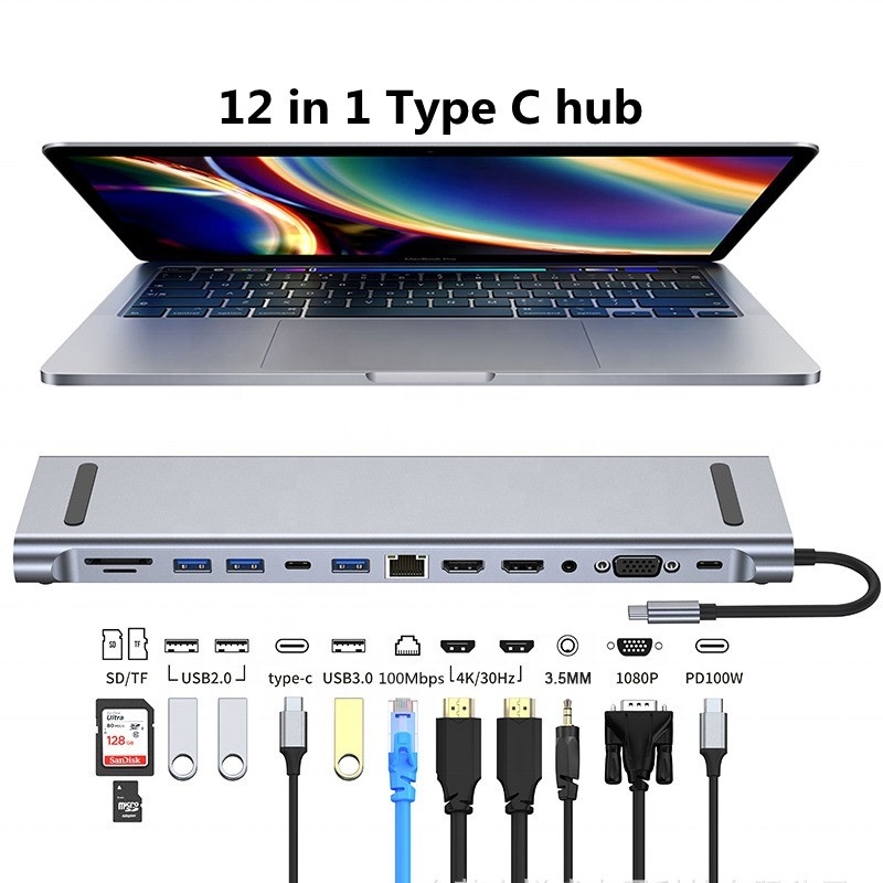 12 ใน 1 USB-C Type-C Docking Station สําหรับการชาร์จโอนข้อมูลและฟังก์ชันเสียง