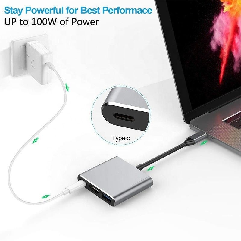 3-in-1 USB C Type C Multi-function Hub ไปยัง USB-C PD HDMI USB 3.0 แอดป์เตอร์แปลงเคเบิล