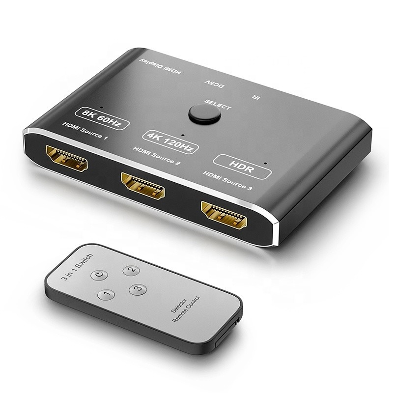 8K 120Hz HDR 3 Port HDMI Switch Switcher 3 ใน 1 Out Plug Remote Converter