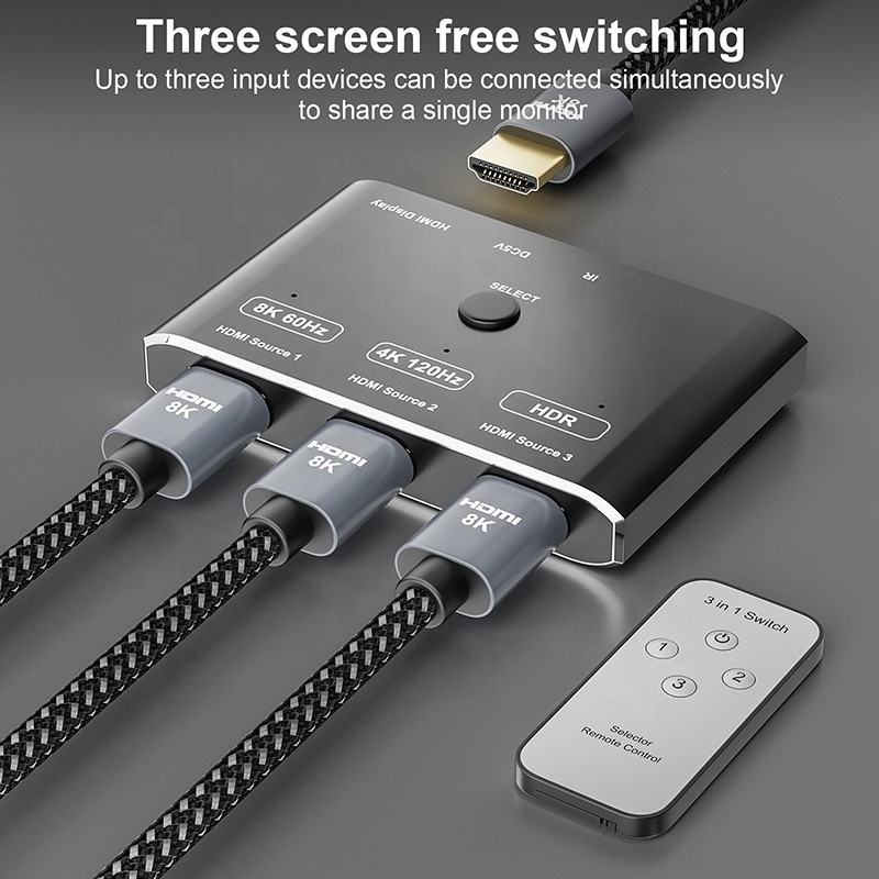 8K 120Hz HDR 3 Port HDMI Switch Switcher 3 ใน 1 Out Plug Remote Converter