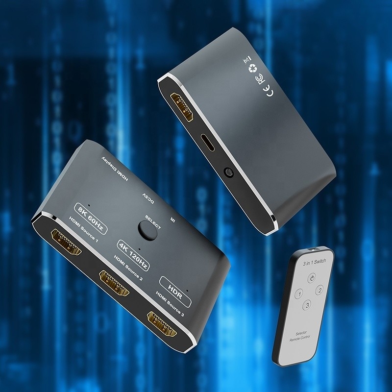 8K 120Hz HDR 3 Port HDMI Switch Switcher 3 ใน 1 Out Plug Remote Converter