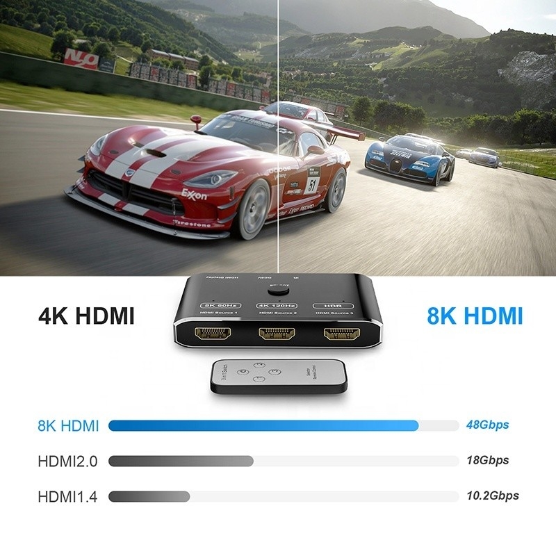 8K 120Hz HDR 3 Port HDMI Switch Switcher 3 ใน 1 Out Plug Remote Converter
