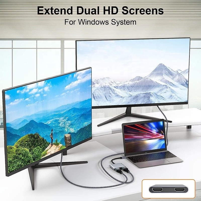 ประเภท C เพศชายเป็น HDMI สองเพศหญิง Thunderbolt 3 USB-C Multi-Monitor Adapter Cable 4K 30Hz