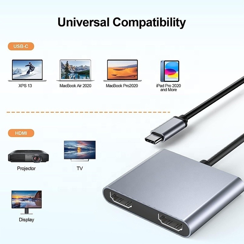 ประเภท C เพศชายเป็น HDMI สองเพศหญิง Thunderbolt 3 USB-C Multi-Monitor Adapter Cable 4K 30Hz