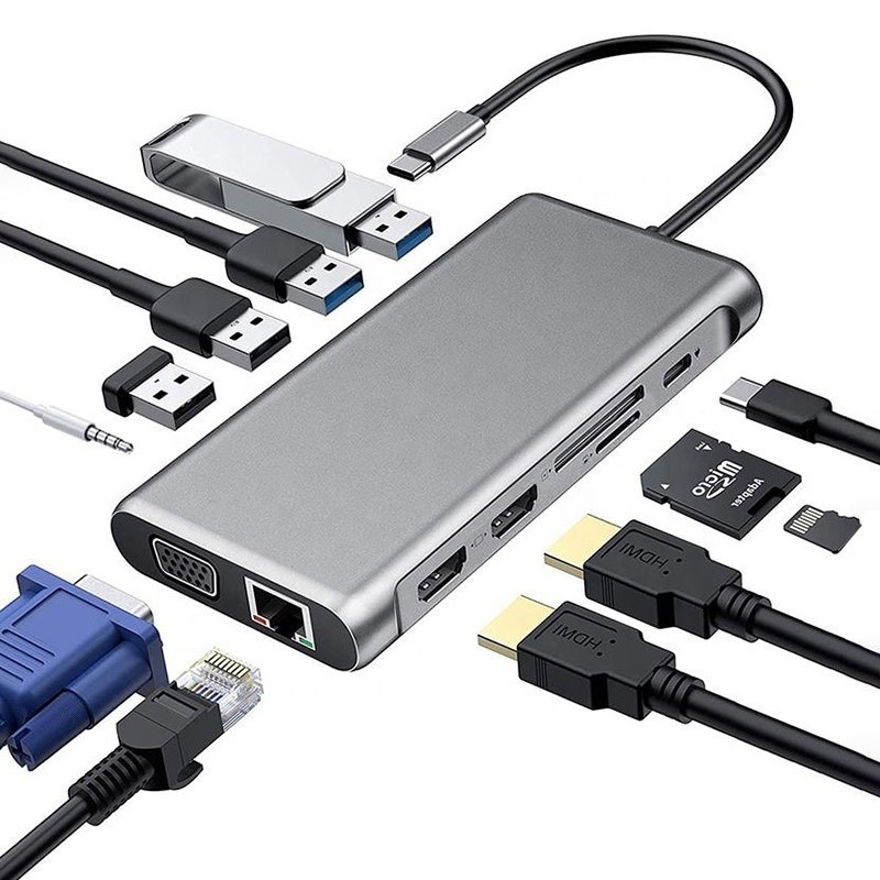 สถานี docking USB Type-C 12-in-1 HDMI 1080P 60Hz 2*HDMI VGA RJ45 4*USB ออดิโอ SD/TF PD