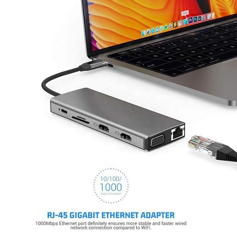 สถานี docking USB Type-C 12-in-1 HDMI 1080P 60Hz 2*HDMI VGA RJ45 4*USB ออดิโอ SD/TF PD