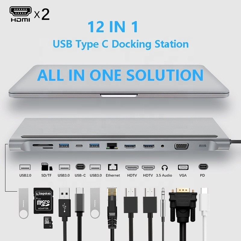 การเชื่อมต่อที่เพิ่มเติม 12 ใน 1 USB C Type-C Hub Multiport Dock Station ด้วย HDMI สองสาย
