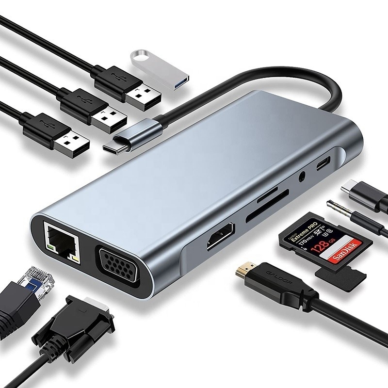 ดอกฮับ USB C มวลฟังก์ชันที่มี Gigabit RJ45 Ethernet TF SD Card Reader HDMI VGA USB 30