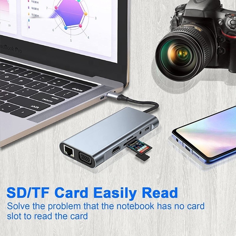 ดอกฮับ USB C มวลฟังก์ชันที่มี Gigabit RJ45 Ethernet TF SD Card Reader HDMI VGA USB 30
