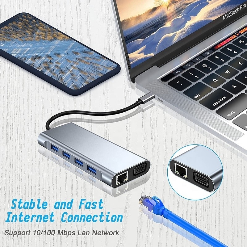 ดอกฮับ USB C มวลฟังก์ชันที่มี Gigabit RJ45 Ethernet TF SD Card Reader HDMI VGA USB 30