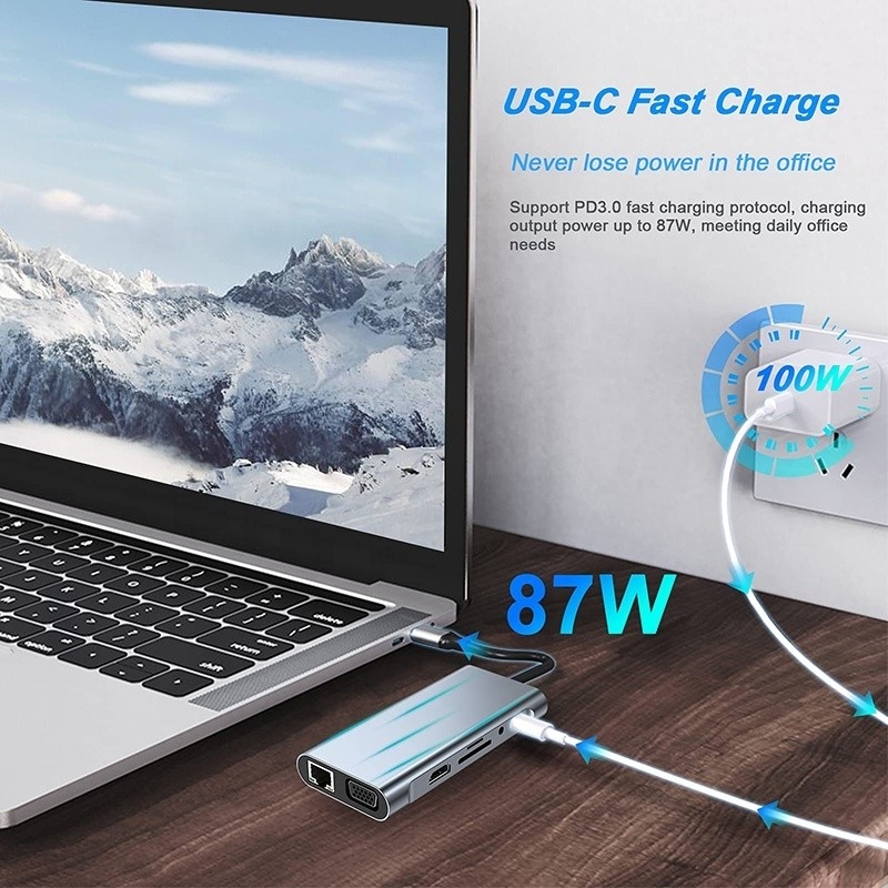 ดอกฮับ USB C มวลฟังก์ชันที่มี Gigabit RJ45 Ethernet TF SD Card Reader HDMI VGA USB 30