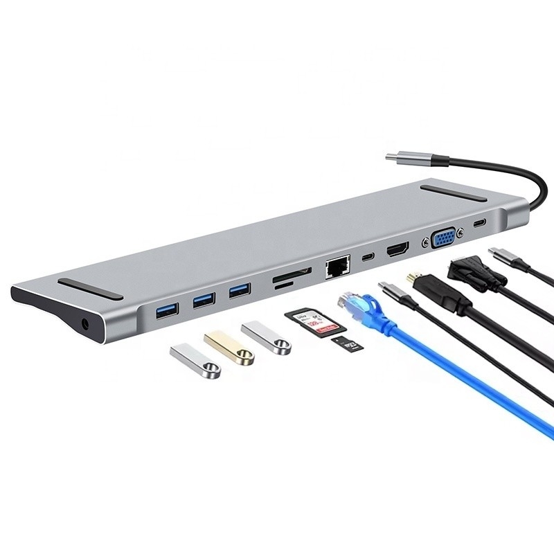 11 ใน 1 USB C Type C Docking Station พร้อม VGA Ethernet 3.5 มม ออดิโอ TF / SD Card Reader