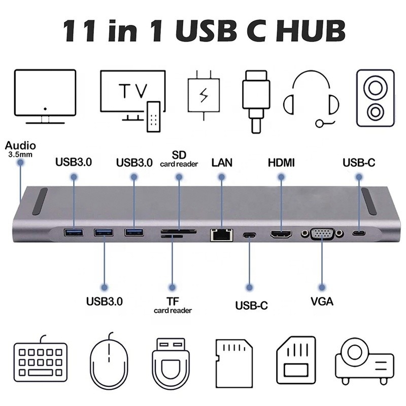 11 ใน 1 USB C Type C Docking Station พร้อม VGA Ethernet 3.5 มม ออดิโอ TF / SD Card Reader