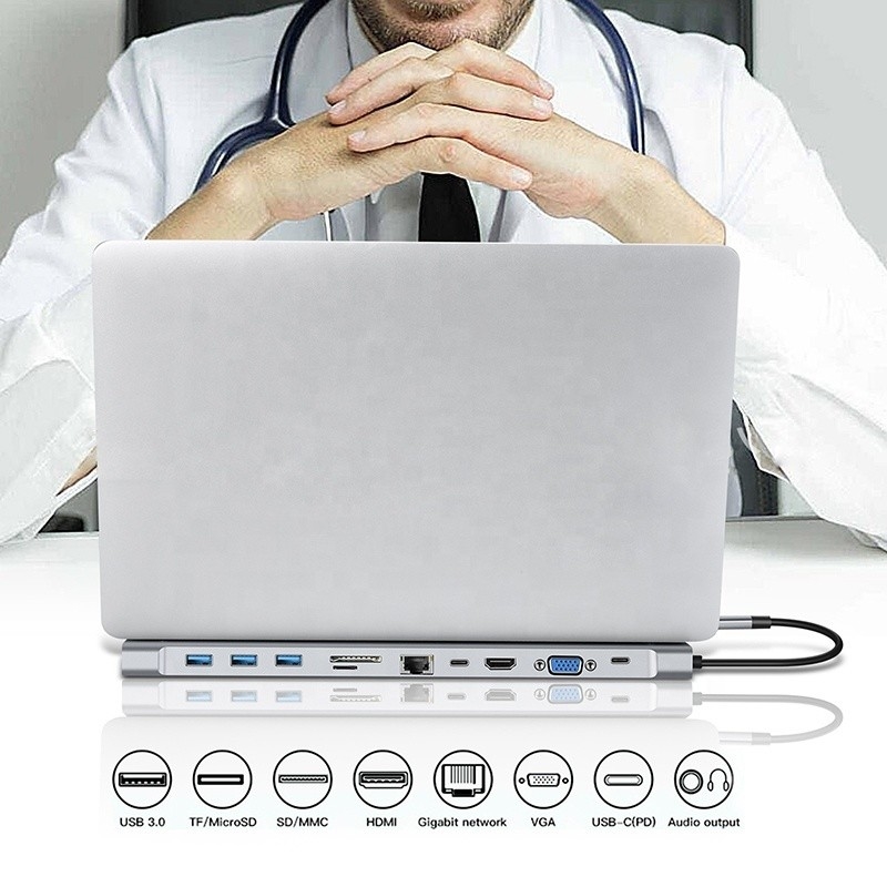 11 ใน 1 USB C Type C Docking Station พร้อม VGA Ethernet 3.5 มม ออดิโอ TF / SD Card Reader