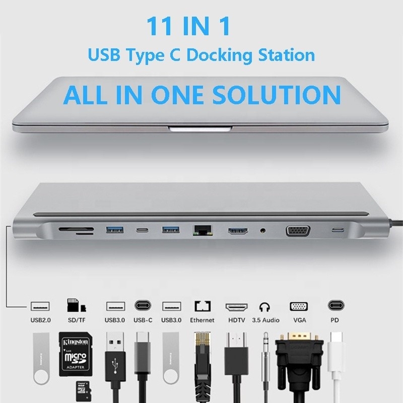 11 ใน 1 Multiport USB C USB-C Type-C PD 4K HDTV Hub Adapter Docking Station พร้อม RJ45