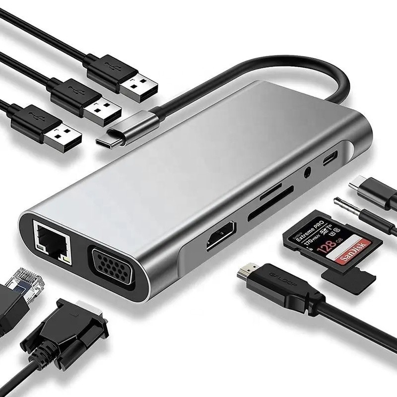 USB C Hub Type-C เป็น USB 3.0 HDMI VGA RJ45 Lan SD TF ออดิโอ USB Grey Multiport Adapter