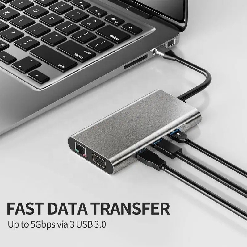 USB C Hub Type-C เป็น USB 3.0 HDMI VGA RJ45 Lan SD TF ออดิโอ USB Grey Multiport Adapter
