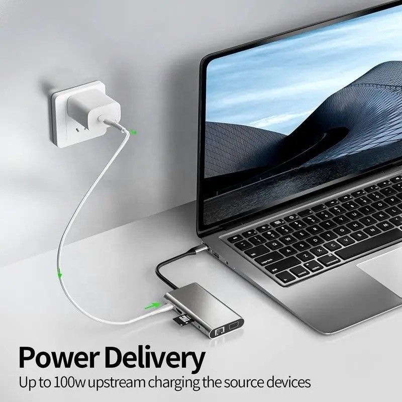 USB C Hub Type-C เป็น USB 3.0 HDMI VGA RJ45 Lan SD TF ออดิโอ USB Grey Multiport Adapter